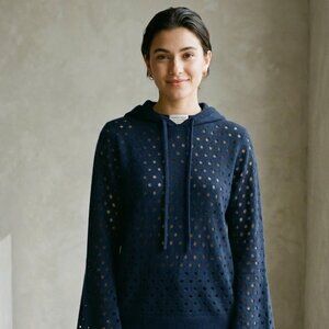 Minnie Rose 100% Cashmere Hoodie Pullover, Size Small, Navy Blue, with Bell Slee